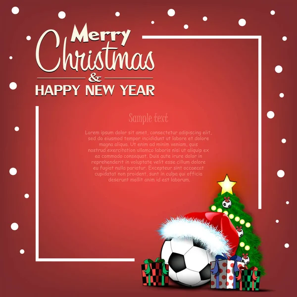 Veselé Vánoce Šťastný Nový Rok Rámeček Fotbalovým Míčem Vánočním Stromečkem — Stockový vektor