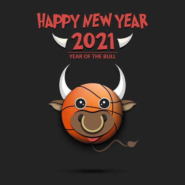 Happy New year. 2021 year of the bull. Cute muzzle bull in the form of a basketball ball. Basketball ball made in the form of a cow. Greeting card template with for 2021 new year. Vector illustration