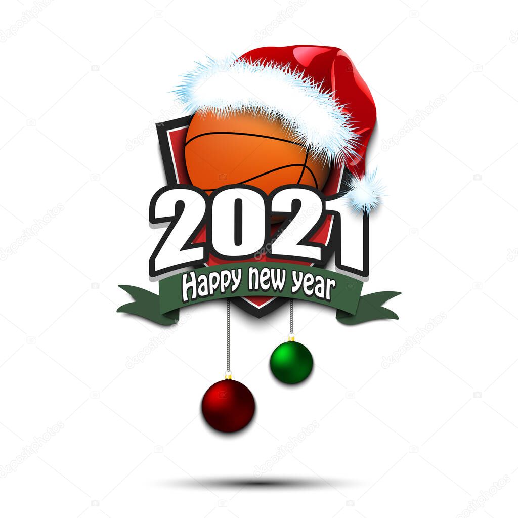 Happy new year 2021. Basketball logo template design. Basketball ball in santa hat. Pattern for banner, poster, greeting card, party invitation. Vector illustration
