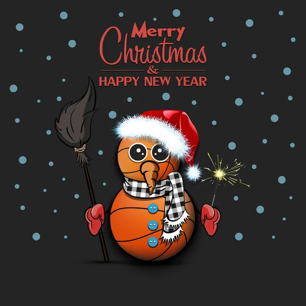 Veselé Vánoce Šťastný Nový Rok Sněhulák Basketbalových Míčků Koštětem Jiskry — Stockový vektor