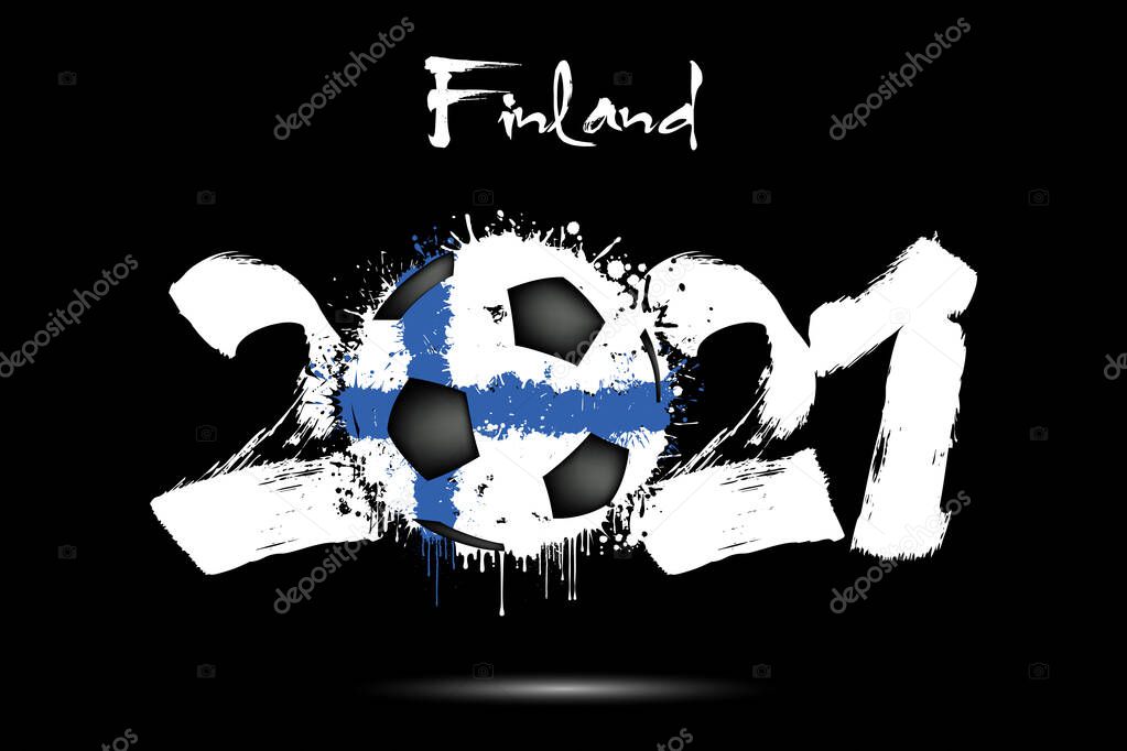 Abstract numbers 2021 and soccer ball painted in the colors of the Finland flag in grunge style. Figures 2021 and flag of Finland in the form of a soccer ball made of blots. Vector illustration