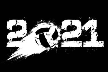 Soyut numaralar 2021 ve voleybol grunge tarzında lekelerden yapılmış. 2021 yılbaşı ve izole bir geçmiş. Tasarım modeli. Vektör illüstrasyonu