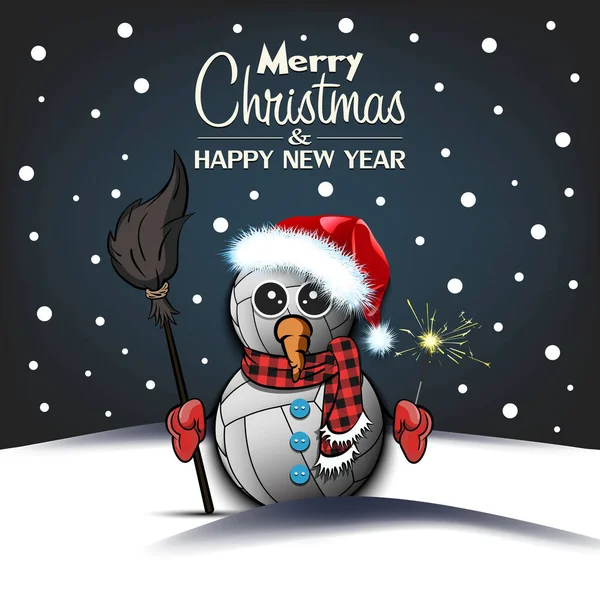 Veselé Vánoce Šťastný Nový Rok Sněhulák Volejbalových Míčků Koštětem Jiskry — Stockový vektor