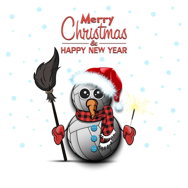 Veselé Vánoce Šťastný Nový Rok Sněhulák Volejbalových Míčků Koštětem Jiskry — Stockový vektor