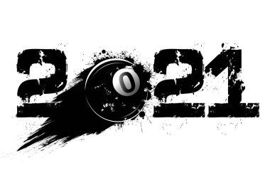 Soyut numaralar 2021 ve grunge tarzında lekelerden yapılmış bilardo topu. 2021 yılbaşı ve izole bir geçmiş. Tasarım modeli. Vektör illüstrasyonu