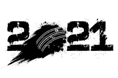 Soyut numaralar 2021 ve grunge stili lekelerden yapılmış kriket topu. 2021 yılbaşı ve izole bir geçmiş. Tasarım modeli. Vektör illüstrasyonu