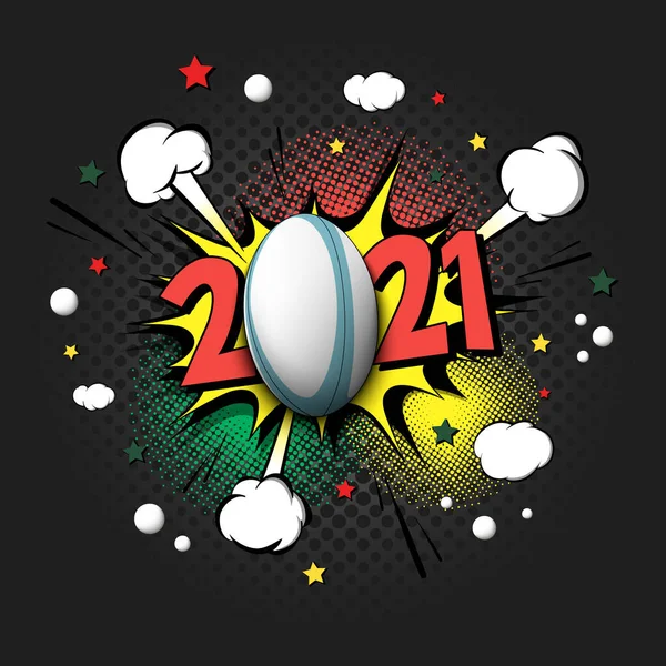 New Year Numbers 2021 Rugby Ball Pop Art Style Comic — Stock Vector