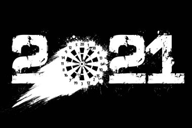 2021 soyut numarası ve grunge tarzında lekelerden yapılmış bir dart tahtası. 2020 yılbaşı ve izole bir geçmiş. Tasarım modeli. Vektör illüstrasyonu