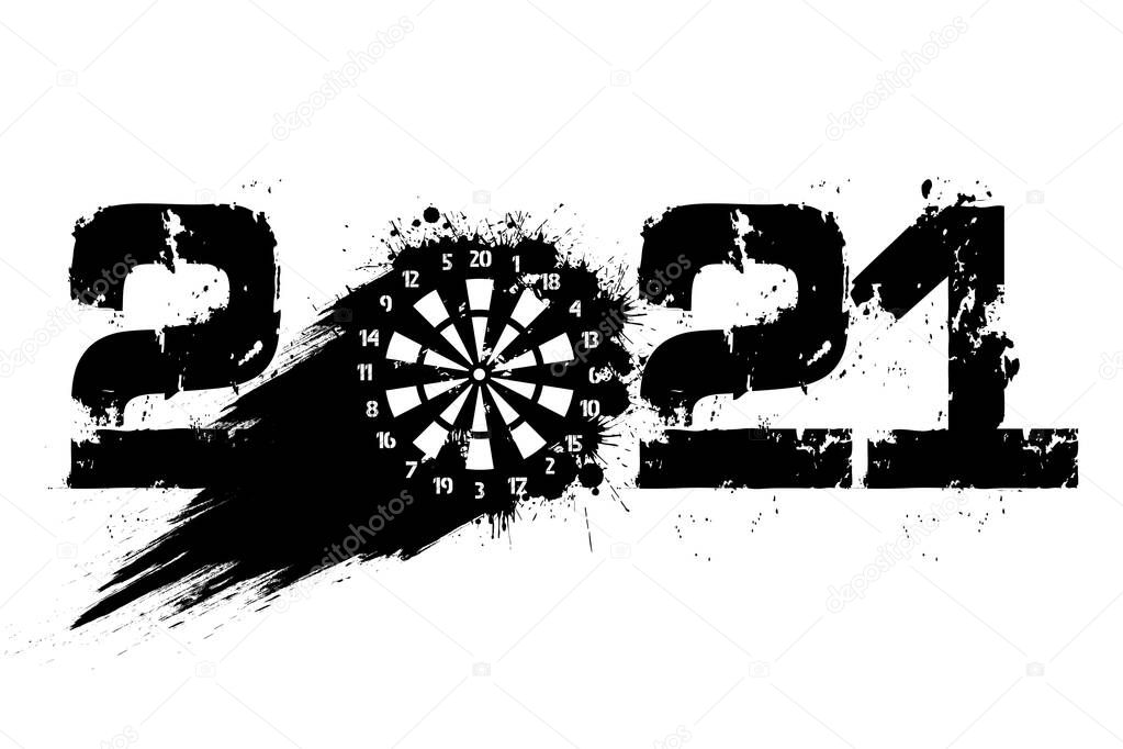 Abstract numbers 2021 and a dartboard made of blots in grunge style. 2020 New Year on an isolated background. Design pattern. Vector illustration