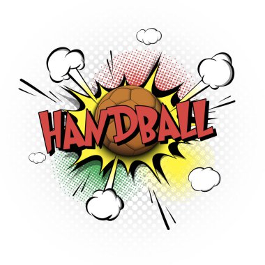 İfade içerikli Hentbol mesajlı komik patlama. Hentbol topu ile çizgi roman yazı tipi ses şablonu. Pop sanat tarzı afiş mesajı. Spor fanatiği duyguları. Vektör illüstrasyonu