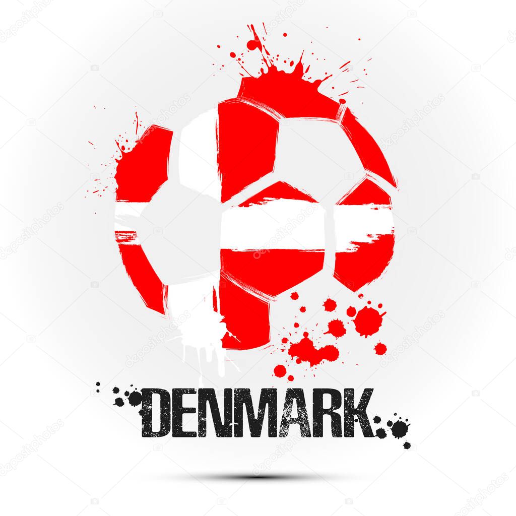Abstract soccer ball with Danish national flag colors. Flag of Denmark in the form of a soccer ball made on an isolated background. Football championship banner. Vector illustration
