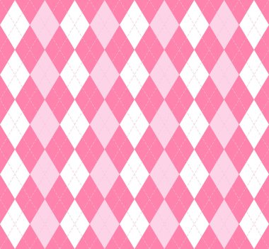 Sevgililer Günü Argyle ekose. Pembe ve beyaz eşkenar dörtgen şeklinde İskoç deseni. İskoç kafesi. Elmasların geleneksel İskoç geçmişi. Kusursuz kumaş dokusu. Vektör illüstrasyonu
