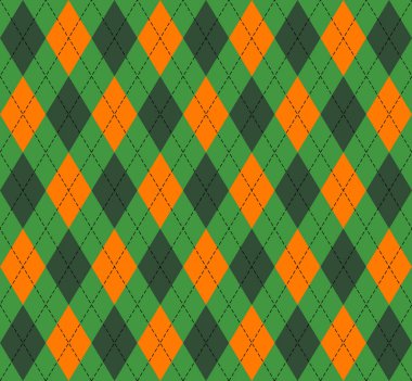 Aziz Patrick Günü ekose kumaşı. Yeşil, turuncu ve beyaz eşkenar dörtgen şeklinde İskoç deseni. İskoç kafesi. Elmasların geleneksel İskoç geçmişi. Kusursuz kumaş dokusu. Vektör illüstrasyonu