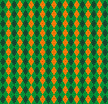 Aziz Patrick Günü ekose kumaşı. Yeşil, turuncu ve beyaz eşkenar dörtgen şeklinde İskoç deseni. İskoç kafesi. Elmasların geleneksel İskoç geçmişi. Kusursuz kumaş dokusu. Vektör illüstrasyonu