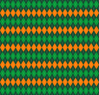 Aziz Patrick Günü ekose kumaşı. Yeşil, turuncu ve beyaz eşkenar dörtgen şeklinde İskoç deseni. İskoç kafesi. Elmasların geleneksel İskoç geçmişi. Kusursuz kumaş dokusu. Vektör illüstrasyonu