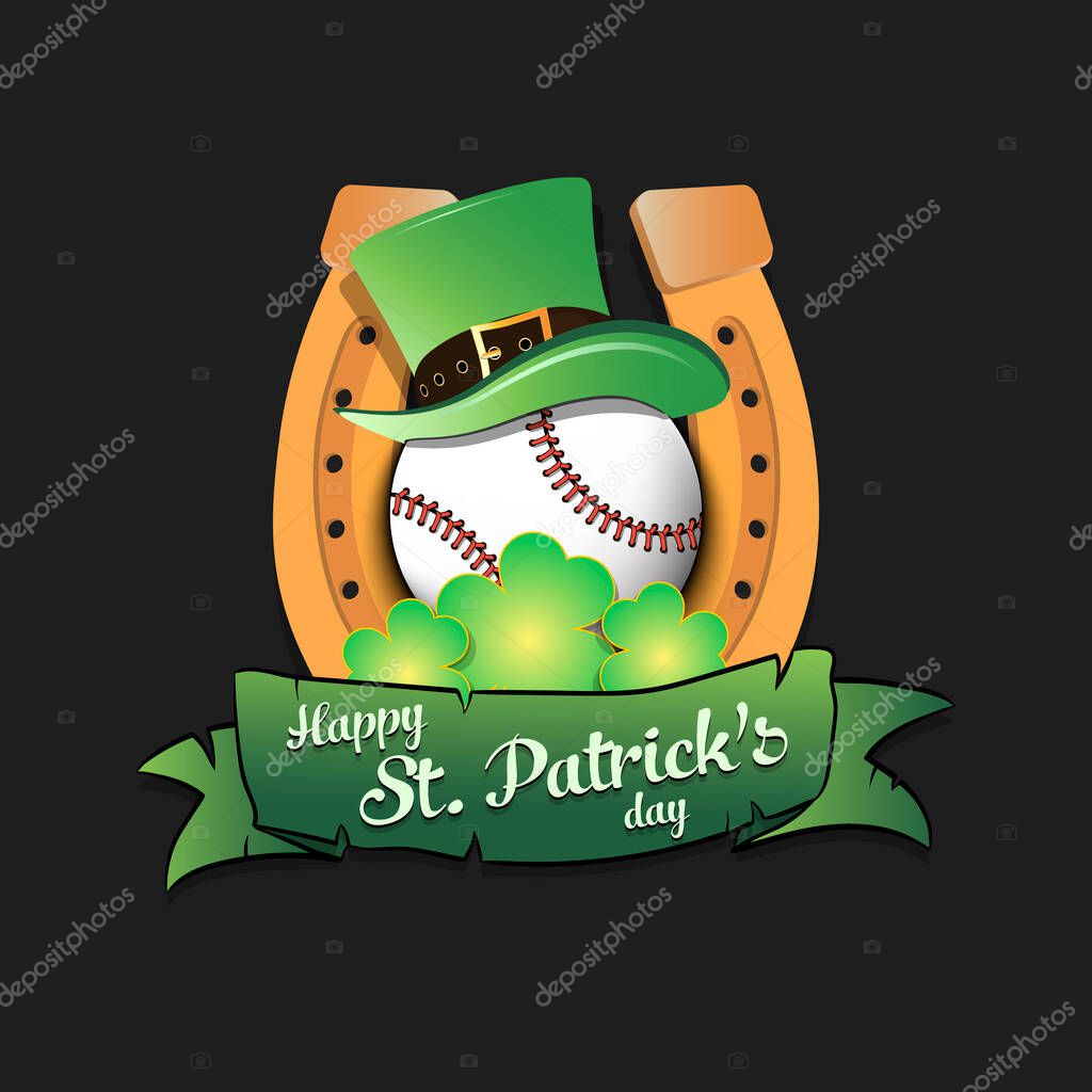 Happy St. Patricks day. Horseshoe, clovers and baseball ball in leprechaun hat on an isolated background. Pattern for greeting card, logo, banner, poster, party invitation. Vector illustration