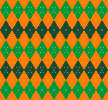 Aziz Patrick Günü ekose kumaşı. İskoç desenli yeşil, siyah ve turuncu eşkenarlar. İskoç kafesi. Elmasların geleneksel İskoç geçmişi. Kusursuz kumaş dokusu. Vektör illüstrasyonu