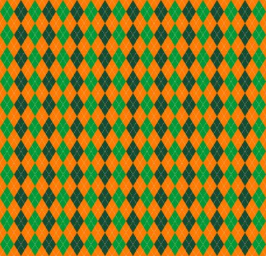 Aziz Patrick Günü ekose kumaşı. İskoç desenli yeşil, siyah ve turuncu eşkenarlar. İskoç kafesi. Elmasların geleneksel İskoç geçmişi. Kusursuz kumaş dokusu. Vektör illüstrasyonu