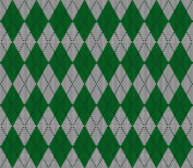 Baklava desenli Aziz Patrick Günü şablonu. Yün örgü örüyorum. Yeşil beyaz eşkenar dörtlü İskoç ekose. Elmasların geleneksel geçmişi. Kusursuz kumaş dokusu. Vektör illüstrasyonu
