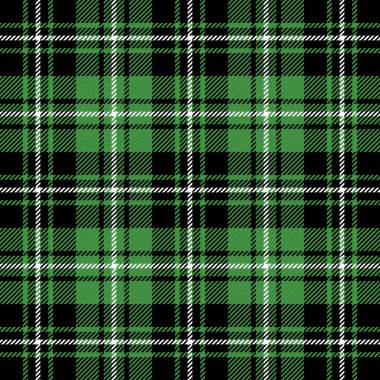 Aziz Patrick günü ekose kumaşı. İskoç desenli yeşil, beyaz ve siyah kafes. İskoç kafesi. Geleneksel İskoç geçmişi. Kusursuz kumaş dokusu. Vektör illüstrasyonu