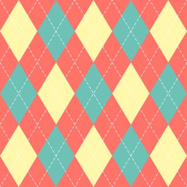 Paskalya Argyle ekoseli. Kırmızı, mavi ve sarı eşkenar dörtgen şeklinde İskoç deseni. İskoç kafesi. Elmasların geleneksel İskoç geçmişi. Kusursuz kumaş dokusu. Vektör illüstrasyonu