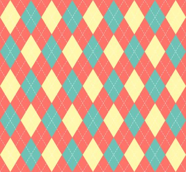 Paskalya Argyle ekoseli. Kırmızı, mavi ve sarı eşkenar dörtgen şeklinde İskoç deseni. İskoç kafesi. Elmasların geleneksel İskoç geçmişi. Kusursuz kumaş dokusu. Vektör illüstrasyonu