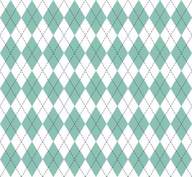 Paskalya Argyle ekoseli. Yeşil ve beyaz eşkenar dörtgen şeklinde İskoç deseni. İskoç kafesi. Elmasların geleneksel İskoç geçmişi. Kusursuz kumaş dokusu. Vektör illüstrasyonu
