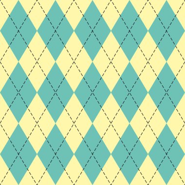 Paskalya Argyle ekoseli. Yeşil ve sarı eşkenar dörtgen şeklinde İskoç deseni. İskoç kafesi. Elmasların geleneksel İskoç geçmişi. Kusursuz kumaş dokusu. Vektör illüstrasyonu