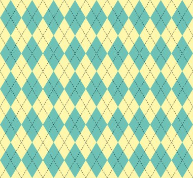 Paskalya Argyle ekoseli. Yeşil ve sarı eşkenar dörtgen şeklinde İskoç deseni. İskoç kafesi. Elmasların geleneksel İskoç geçmişi. Kusursuz kumaş dokusu. Vektör illüstrasyonu