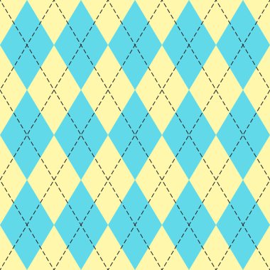 Paskalya Argyle ekoseli. Mavi ve sarı eşkenar dörtgen şeklinde İskoç deseni. İskoç kafesi. Elmasların geleneksel İskoç geçmişi. Kusursuz kumaş dokusu. Vektör illüstrasyonu