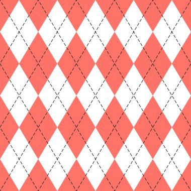 Paskalya Argyle ekoseli. Kırmızı ve beyaz eşkenar dörtgen şeklinde İskoç deseni. İskoç kafesi. Elmasların geleneksel İskoç geçmişi. Kusursuz kumaş dokusu. Vektör illüstrasyonu