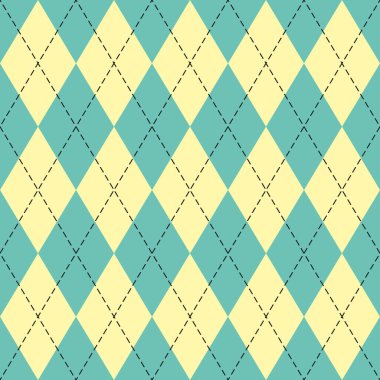 Paskalya Argyle ekoseli. Yeşil ve sarı eşkenar dörtgen şeklinde İskoç deseni. İskoç kafesi. Elmasların geleneksel İskoç geçmişi. Kusursuz kumaş dokusu. Vektör illüstrasyonu