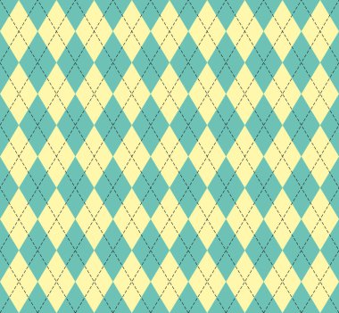 Paskalya Argyle ekoseli. Yeşil ve sarı eşkenar dörtgen şeklinde İskoç deseni. İskoç kafesi. Elmasların geleneksel İskoç geçmişi. Kusursuz kumaş dokusu. Vektör illüstrasyonu