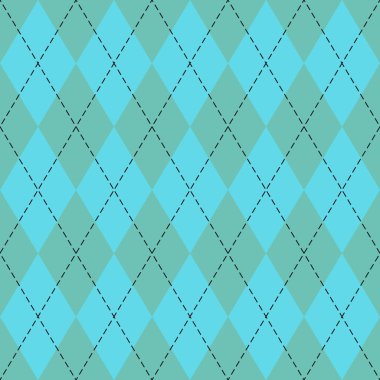 Paskalya Argyle ekoseli. Yeşil ve mavi eşkenar dörtgen şeklinde İskoç deseni. İskoç kafesi. Elmasların geleneksel İskoç geçmişi. Kusursuz kumaş dokusu. Vektör illüstrasyonu