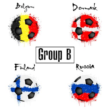 Futbol turnuvası 2021. Futbol şampiyonası B grubunu tasarla. Ülkeler bayraklar. Vektör illüstrasyonu