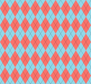 Paskalya Argyle ekoseli. Mavi ve kırmızı eşkenar dörtgen şeklinde İskoç deseni. İskoç kafesi. Elmasların geleneksel İskoç geçmişi. Kusursuz kumaş dokusu. Vektör illüstrasyonu