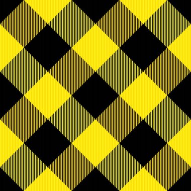 Çapraz tartan oduncu ekose. Sarı ve siyah kafeste İskoç deseni. İskoç kafesi. Geleneksel İskoç geçmişi. Kusursuz kumaş dokusu. Vektör illüstrasyonu
