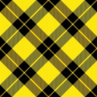 Çapraz tartan oduncu ekose. Sarı ve siyah kafeste İskoç deseni. İskoç kafesi. Geleneksel İskoç geçmişi. Kusursuz kumaş dokusu. Vektör illüstrasyonu