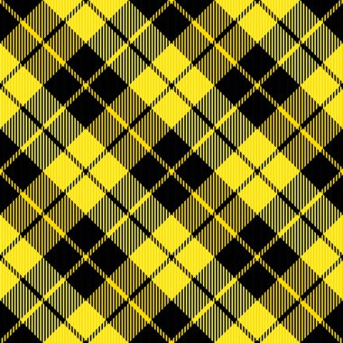 Çapraz tartan oduncu ekose. Sarı ve siyah kafeste İskoç deseni. İskoç kafesi. Geleneksel İskoç geçmişi. Kusursuz kumaş dokusu. Vektör illüstrasyonu