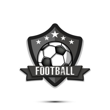 Futbol logosu tasarım şablonu. Futbol amblemi deseni. İzole edilmiş arka planda klasik tarz. Tişört grafiklerine baskı yap. Vektör illüstrasyonu