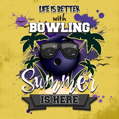 Yaz bowling posteri. Hayat bowlingle daha güzel. Yaz geldi. Tasarım posteri, logo, amblem, etiket, pankart, simge için desen. Grunge tarzı. Vektör illüstrasyonu