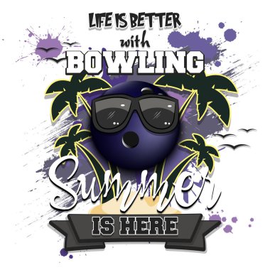 Yaz bowling posteri. Hayat bowlingle daha güzel. Yaz geldi. Tasarım posteri, logo, amblem, etiket, pankart, simge için desen. Grunge tarzı. Vektör illüstrasyonu