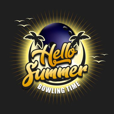 Yaz bowling logosu. Merhaba yaz. Bowling zamanı. Tasarım posteri, logo, amblem, etiket, pankart, simge için desen. İzole edilmiş arka planda bowling şablonu. Vektör illüstrasyonu