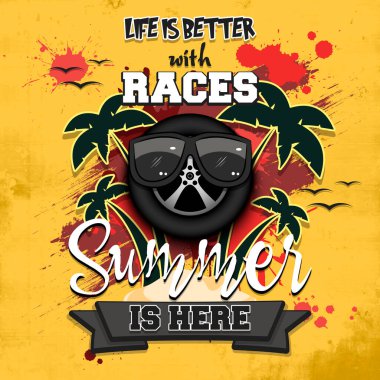 Yaz yarışı posteri. Hayat ırklarla daha iyi. Yaz geldi. Tasarım posteri, logo, amblem, etiket, pankart, simge için desen. Grunge tarzı. Vektör illüstrasyonu