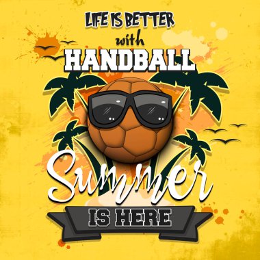 Yaz hentbol posteri. Hentbolla hayat daha güzel. Yaz geldi. Tasarım posteri, logo, amblem, etiket, pankart, simge için desen. Grunge tarzı. Vektör illüstrasyonu