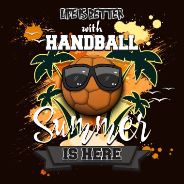 Yaz hentbol posteri. Hentbolla hayat daha güzel. Yaz geldi. Tasarım posteri, logo, amblem, etiket, pankart, simge için desen. Grunge tarzı. Vektör illüstrasyonu