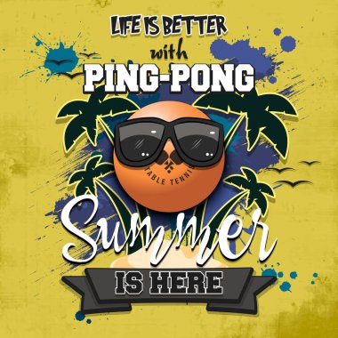 Yaz pinpon posteri. Hayat masa tenisi ile daha güzel. Yaz geldi. Tasarım posteri, logo, amblem, etiket, pankart, simge için desen. Grunge tarzı. Vektör illüstrasyonu