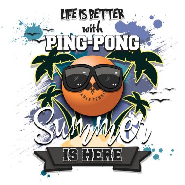 Yaz pinpon posteri. Hayat masa tenisi ile daha güzel. Yaz geldi. Tasarım posteri, logo, amblem, etiket, pankart, simge için desen. Grunge tarzı. Vektör illüstrasyonu