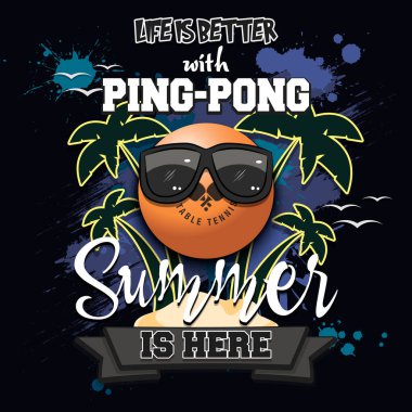Yaz pinpon posteri. Hayat masa tenisi ile daha güzel. Yaz geldi. Tasarım posteri, logo, amblem, etiket, pankart, simge için desen. Grunge tarzı. Vektör illüstrasyonu