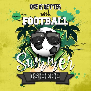 Yaz futbolu posteri. Hayat futbolla daha iyi. Yaz geldi. Tasarım posteri, logo, amblem, etiket, pankart, simge için desen. Grunge tarzı. Vektör illüstrasyonu